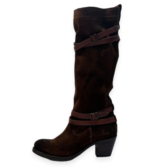 Frye Slouchy Suede Knee High Buckle Western Bohemian Block Heel Boots 7 NWOT - Picture 1 of 13